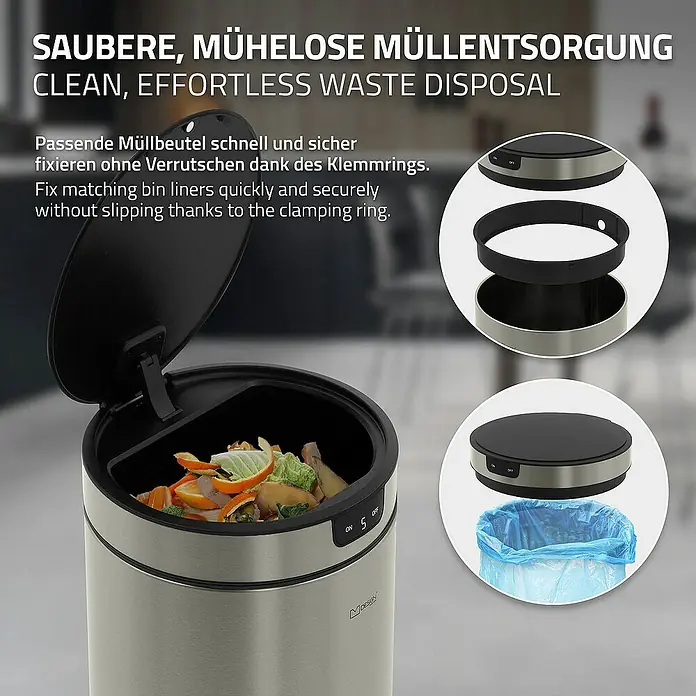 ML-Design Sensormülleimer 30L rund Edelstahl Abfalleimer berührungslos, Klemmring für Müllbeutel - 30 l, Stahl, Silber - Mülleimer mit offenem Deckel und Details zur Befestigung der Müllbeutel für eine saubere und mühelose Entsorgung.