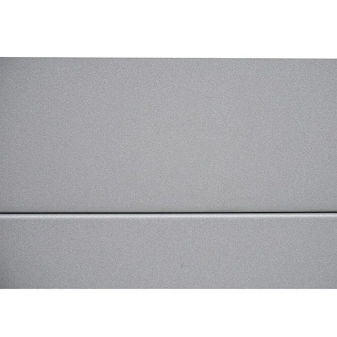 Proregal Mähroboter-Garage Mähroboter-Garage mit Pflanzkasten - Grau - Nahaufnahme einer grauen, pulverbeschichteten Metalloberfläche mit einer feinen Naht. Ideal für moderne Designprojekte.
