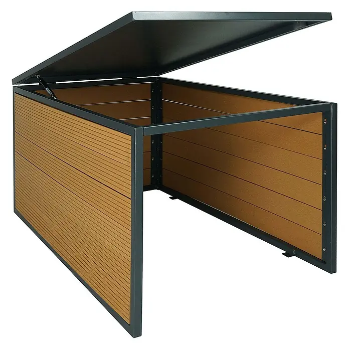 XL Mähroboter-Garage mit Deckel | HxBxT 43x70x90cm | WPC Metall | Eiche-Optik | Dach Unterstand für Rasenmäher -  - Graue Mülltonnenbox mit Holzverkleidung und geöffnetem Deckel für eine stilvolle Aufbewahrung im Außenbereich.