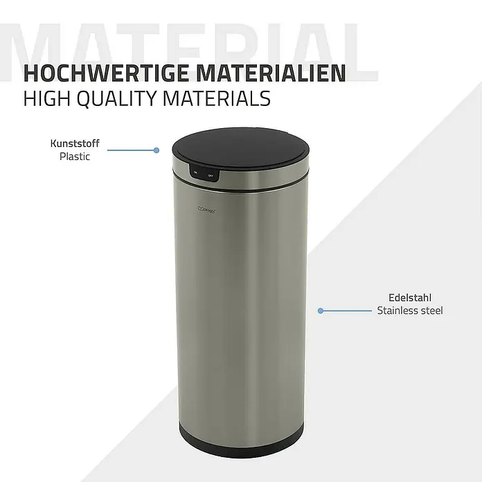 ML-Design Sensormülleimer 40L rund Edelstahl Abfalleimer berührungslos, Klemmring für Müllbeutel - 40 l, Stahl, Silber - Bild eines Moosy Mülleimers aus Edelstahl und Kunststoff. Hochwertige Materialien für ein langlebiges Produkt.