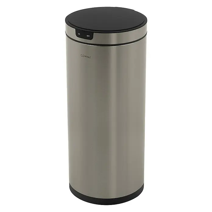 ML-Design Sensormülleimer 40L rund Edelstahl Abfalleimer berührungslos, Klemmring für Müllbeutel - 40 l, Stahl, Silber - Abbildung eines automatischen MDesign-Abfalleimers aus Edelstahl mit schwarzem Deckel und An/Aus-Schalter.