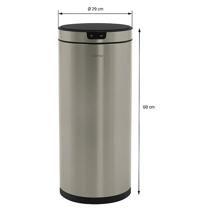 ML-Design Sensormülleimer 40L rund Edelstahl Abfalleimer berührungslos, Klemmring für Müllbeutel - 40 l, Stahl, Silber - Abbildung eines silberfarbenen Mülleimers mit den Maßen 29 cm Durchmesser und 68 cm Höhe.