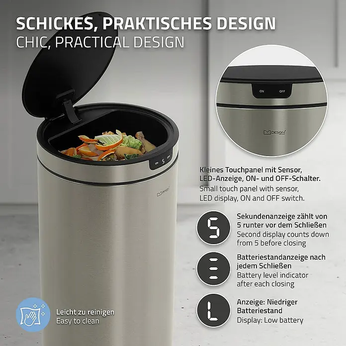 ML-Design Sensormülleimer 40L rund Edelstahl Abfalleimer berührungslos, Klemmring für Müllbeutel - 40 l, Stahl, Silber - Ein intelligenter Mülleimer mit Touchpanel, LED-Anzeige, Timer und Batteriestandsanzeige für den modernen Haushalt.