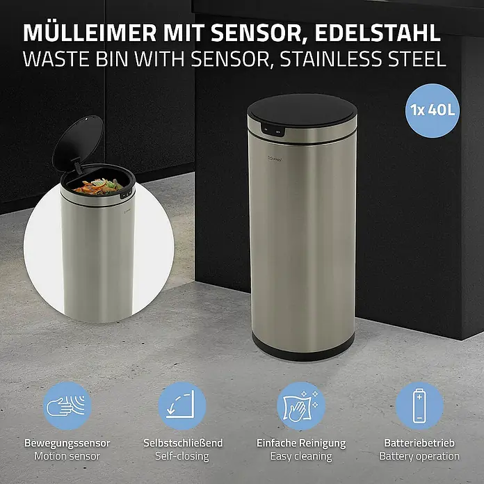 ML-Design Sensormülleimer 40L rund Edelstahl Abfalleimer berührungslos, Klemmring für Müllbeutel - 40 l, Stahl, Silber - Abbildung eines Mülleimers aus Edelstahl mit Sensor, der sich ideal für Küche oder Bad eignet.