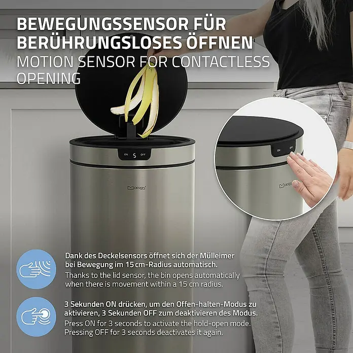 ML-Design Sensormülleimer 40L rund Edelstahl Abfalleimer berührungslos, Klemmring für Müllbeutel - 40 l, Stahl, Silber - Automatischer Mülleimer mit Bewegungssensor. Der Mülleimer öffnet sich berührungslos durch Bewegung im Radius von 15 cm.