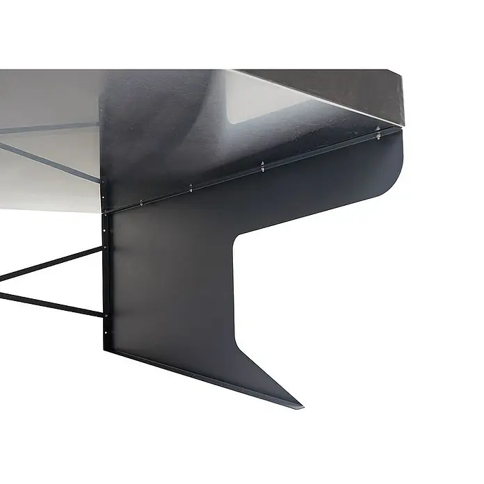 Proregal Mähroboter-Garage XL Mähroboter-Garage mit Pflanzkasten - L x B x H: 100 x 70 x 47 cm, Edelstahl-Anthrazit - Nahaufnahme eines schwarzen Küchentischgestells mit stabilen Metallbeinen und glänzendem Tischaufsatz.