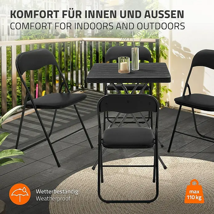ECD Germany Gartenstuhl 4er Set Gartenstuhl faltbar Schwarz Stahl Wetterfest UV-beständig -  - Schwarze Gartenmöbel-Garnitur bestehend aus Tisch und Stühlen, geeignet für den Innen- und Außenbereich, wetterbeständig und bis 110 kg belastbar.