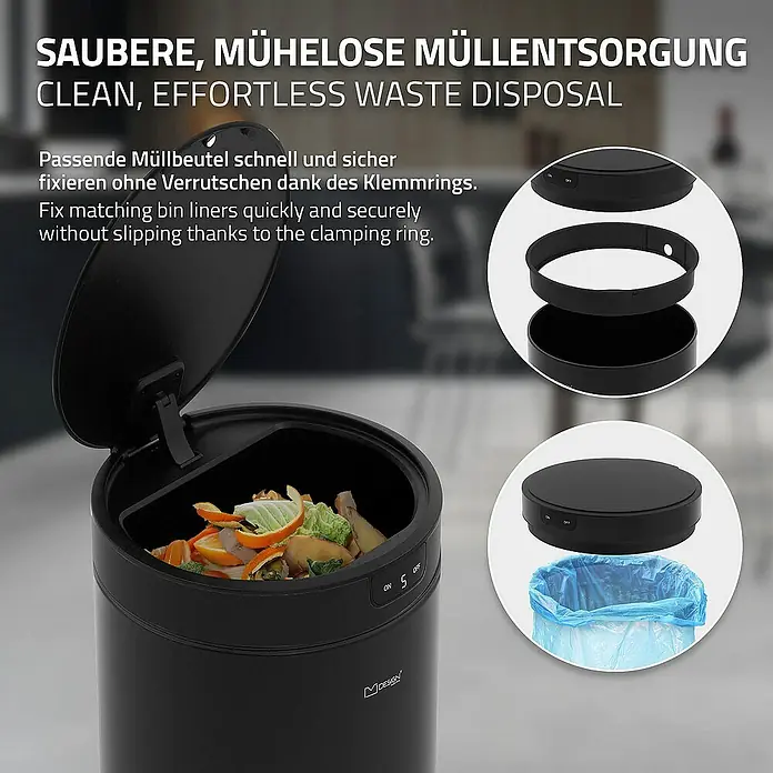 ML-Design Sensormülleimer 30L rund aus Stahl Abfalleimer berührungslos, Klemmring für Müllbeutel - 30 l, Stahl, Schwarz - Bild einer schwarzen Mülltonne mit Sensor, die eine saubere und mühelose Müllentsorgung ermöglicht.
