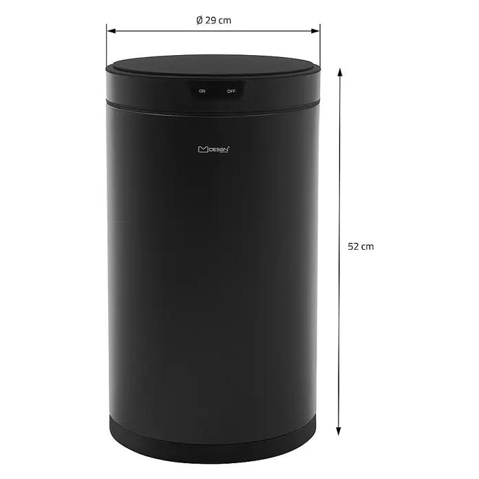 ML-Design Sensormülleimer 30L rund aus Stahl Abfalleimer berührungslos, Klemmring für Müllbeutel - 30 l, Stahl, Schwarz - Abbildung eines schwarzen MDesign Mülleimers mit den Maßen 29 cm Durchmesser und 52 cm Höhe.