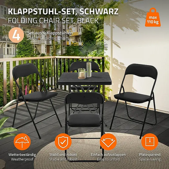 ECD Germany Gartenstuhl 4er Set Gartenstuhl faltbar Schwarz Stahl Wetterfest UV-beständig -  - Ein schwarzes Klappstuhl-Set mit vier Stühlen und einem Tisch, ideal für den Balkon oder die Terrasse, wetterfest und platzsparend.