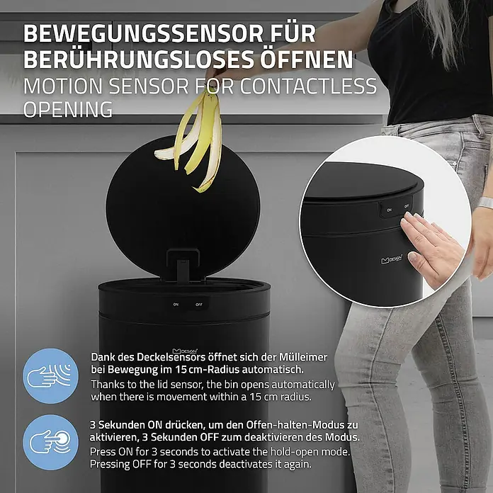 ML-Design Sensormülleimer 30L rund aus Stahl Abfalleimer berührungslos, Klemmring für Müllbeutel - 30 l, Stahl, Schwarz - Intelligenter Mülleimer mit Bewegungssensor für berührungsloses Öffnen. Der Mülleimer öffnet sich automatisch bei Bewegung in 15 cm Radius.