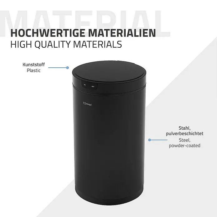 ML-Design Sensormülleimer 30L rund aus Stahl Abfalleimer berührungslos, Klemmring für Müllbeutel - 30 l, Stahl, Schwarz - Bild eines schwarzen, pulverbeschichteten Stahl-Abfalleimers mit Kunststoffdeckel, der hochwertige Materialien betont.