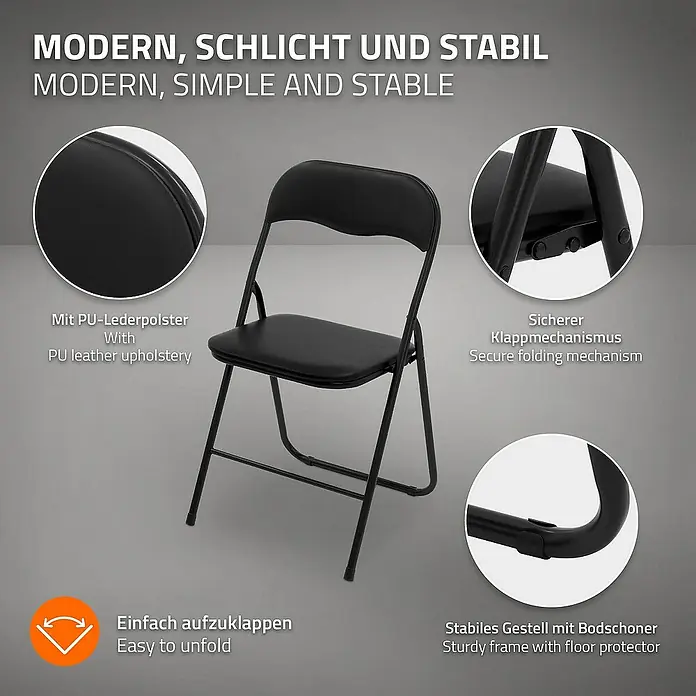 ECD Germany Gartenstuhl 4er Set Gartenstuhl faltbar Schwarz Stahl Wetterfest UV-beständig -  - Abbildung eines schwarzen Klappstuhls mit PU-Lederpolsterung und stabilem Rahmen. Ideal für Veranstaltungen und den täglichen Gebrauch.