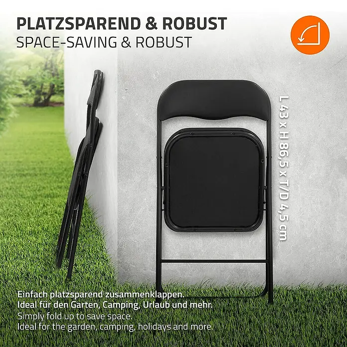 ECD Germany Gartenstuhl 4er Set Gartenstuhl faltbar Schwarz Stahl Wetterfest UV-beständig -  - Das Bild zeigt einen platzsparenden, robusten Klappstuhl in Schwarz, ideal für Garten, Camping und Urlaub.