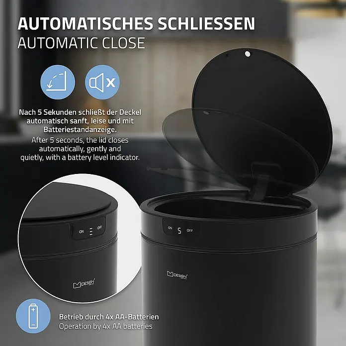 ML-Design Sensormülleimer 30L rund aus Stahl Abfalleimer berührungslos, Klemmring für Müllbeutel - 30 l, Stahl, Schwarz - Abfallbehälter mit automatischer Schließfunktion, schließt sanft und leise nach 5 Sekunden, Batterieanzeige und Betrieb mit 4x AA-Batterien.