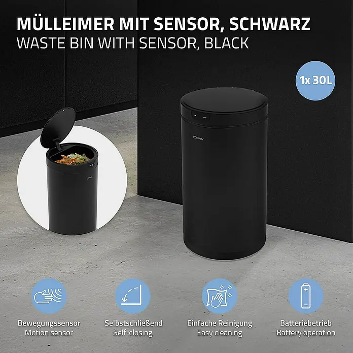 ML-Design Sensormülleimer 30L rund aus Stahl Abfalleimer berührungslos, Klemmring für Müllbeutel - 30 l, Stahl, Schwarz - Schwarzer Mülleimer mit Sensor und einem Fassungsvermögen von 30 Litern, ausgestattet mit Bewegungssensor, Selbstschließmechanismus und Batteriebetrieb.