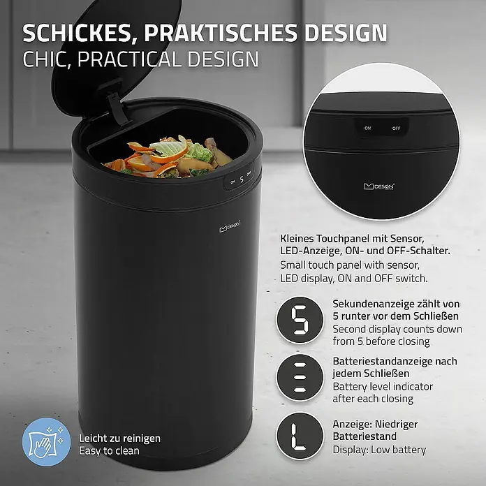 ML-Design Sensormülleimer 30L rund aus Stahl Abfalleimer berührungslos, Klemmring für Müllbeutel - 30 l, Stahl, Schwarz - Schwarzer, sensorgesteuerter Mülleimer mit Touchpanel, LED-Anzeige und Batteriestandsanzeige für eine einfache Bedienung.