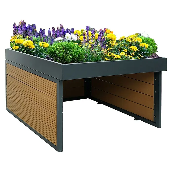 Proregal Mähroboter-Garage Mähroboter-Garage mit Pflanzkasten - Eiche-Optik - Das Bild zeigt einen erhöhten Pflanzkasten mit einer Mischung aus bunten Blumen und Grünpflanzen, ideal für den Außenbereich.