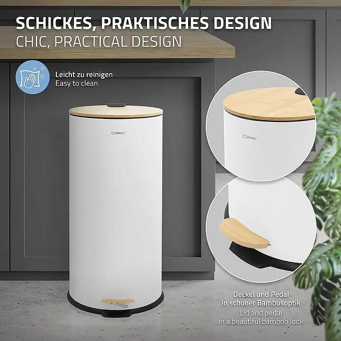 ML-Design Standard Mülleimer Badeimer Abfalleimer 30L rund Weiß Stahl mit Inneneimer Bambusdeckel - 30 l, Stahl, Weiß - Ein schicker, praktischer Treteimer mit Bambusdeckel und Pedal, leicht zu reinigen und in stilvollem Design.