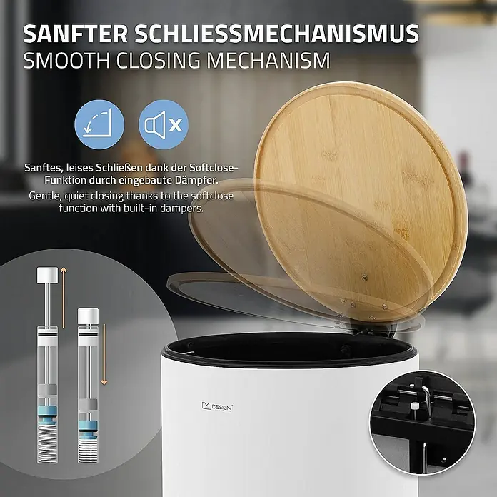 ML-Design Standard Mülleimer Badeimer Abfalleimer 30L rund Weiß Stahl mit Inneneimer Bambusdeckel - 30 l, Stahl, Weiß - Weißer Mülleimer mit Bambusdeckel und Soft-Close-Mechanismus für ein sanftes, geräuschloses Schließen.