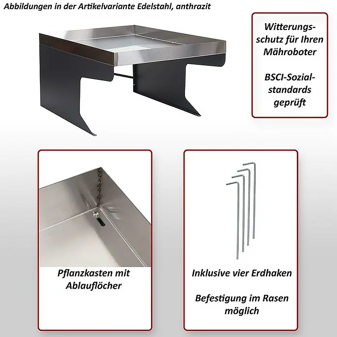 Proregal Mähroboter-Garage XL Mähroboter-Garage mit Pflanzkasten - Edelstahl - Produktabbildung einer Edelstahl-anthrazitfarbenen Mährobotergarage mit Pflanzkasten und Erdanker zur Rasenbefestigung.