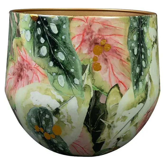 Ter Steege Übertopf rund Monstera Mystery - Ø x H: 25 x 25 cm, Metall, Grün - Nahaufnahme eines bezaubernden Pflanzgefäßes, das mit einem üppigen, floralen Aquarelldesign verziert ist, das jedem Raum einen Hauch von Eleganz verleiht.