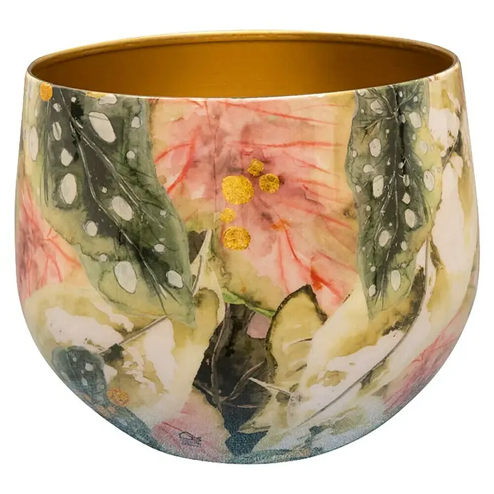 Ter Steege Übertopf rund Monstera Mystery - Ø x H: 19 x 17 cm, Metall, Rosa/Grün - Dekorative Schale mit Blattmuster und Goldakzenten, ideal als stilvolles Wohnaccessoire oder zur Aufbewahrung kleiner Gegenstände.