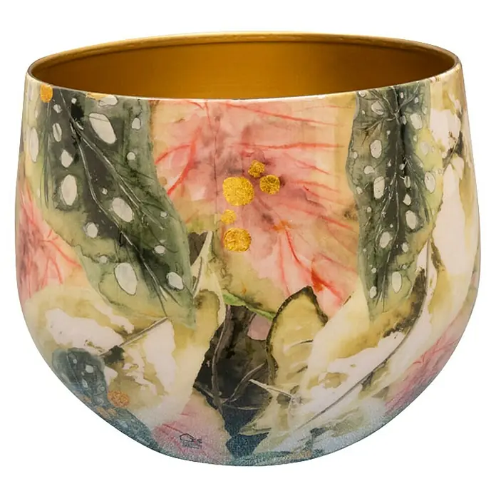 Ter Steege Übertopf rund Monstera Mystery - Ø x H: 15 x 14 cm, Metall, Rosa/Grün - Nahaufnahme einer dekorativen Blumenvase mit goldenem Rand und einem zarten Blumenmuster, das dem Raum eine elegante Note verleiht.