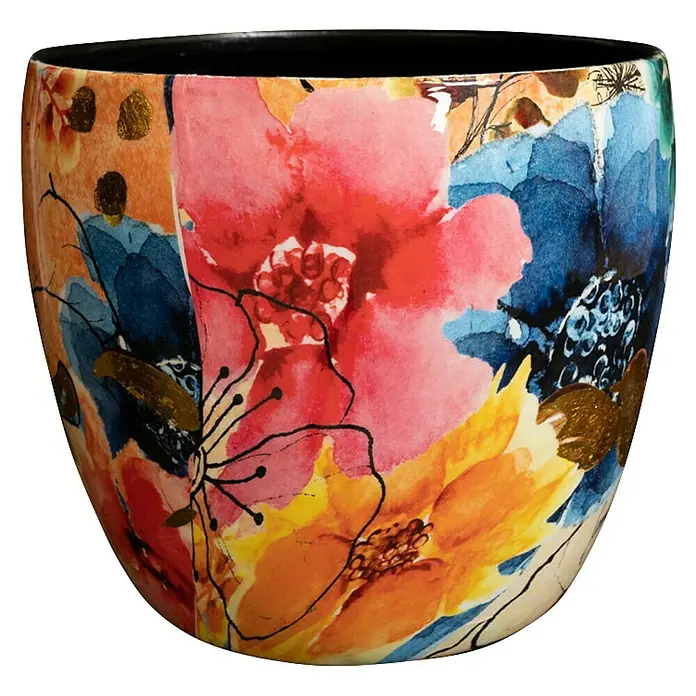 Ter Steege Übertopf rund Sparkle Spring - Ø x H: 15 x 15 cm, Metall, Rosa/Blau - Farbenfroher Blumenübertopf. Der Topf ist mit einem floralen Design in Rot, Blau und Gelb verziert, das jedem Raum einen Hauch von Farbe verleiht.