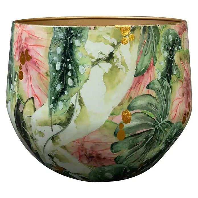 Ter Steege Übertopf rund Monstera Mystery - Ø x H: 30 x 28 cm, Metall, Grün - Dekorativer Topf mit Blätter- und Blütenmuster in Rosa- und Grüntönen mit goldenen Akzenten für eine stilvolle Pflanzenpräsentation.