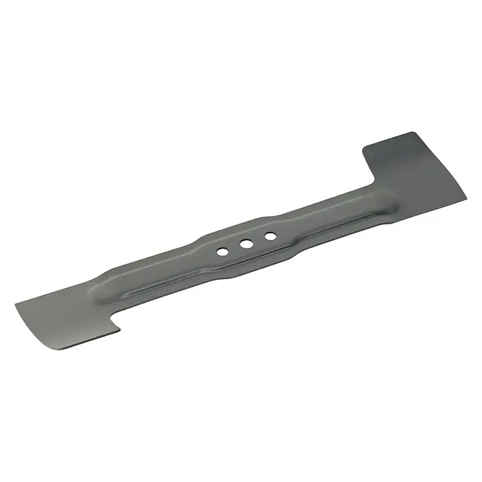 Bosch Ersatzmesser für Rasenmäher - Bosch Rotak Akku-Rasenmäher 37 LI - Ein Rasenmähermesser aus Metall mit drei Löchern in der Mitte und einer markanten Klinge an beiden Enden für effizientes Schneiden.
