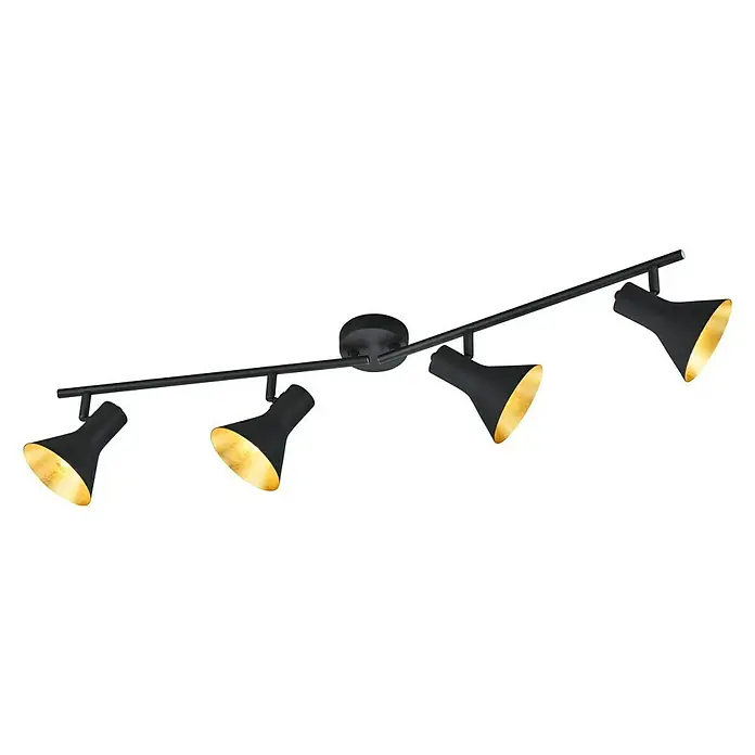 Reality Leuchten Nina Deckenstrahler - 160 W, L x B x H: 84,5 x 11 x 21 cm, Schwarz, E14, 4 Stk. - Schwarze Deckenleuchte mit vier goldenen Strahlern, die eine elegante und moderne Beleuchtungslösung für jeden Raum bietet.