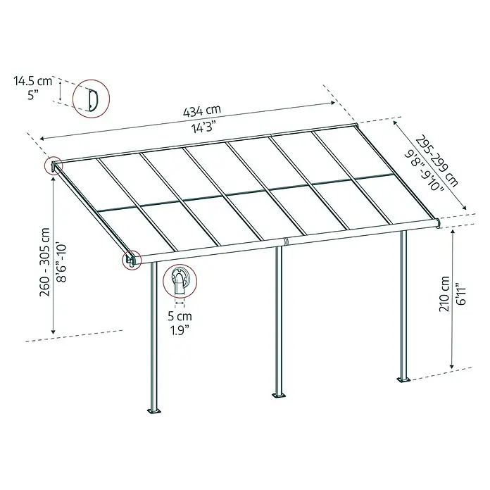 Palram – Canopia Terrassenüberdachung Sierra Cabrio - B x T: 430 x 300 cm, Anthrazitgrau, Polycarbonat, Grau - Abbildung einer Pergola mit Maßangaben zu Länge, Breite und Höhe in Zentimetern und Fuß.
