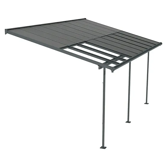 Palram – Canopia Terrassenüberdachung Sierra Cabrio - B x T: 560 x 300 cm, Anthrazitgrau, Polycarbonat, Grau - Nahaufnahme einer modernen, grauen Terrassenüberdachung mit klaren Linien und minimalistischem Design, perfekt für den Außenbereich.
