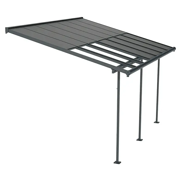 Palram – Canopia Terrassenüberdachung Sierra Cabrio - B x T: 430 x 300 cm, Anthrazitgrau, Polycarbonat, Grau - Das Bild zeigt eine moderne Terrassenüberdachung mit einem eleganten Design und stabilen Stützpfosten für zusätzlichen Schutz.