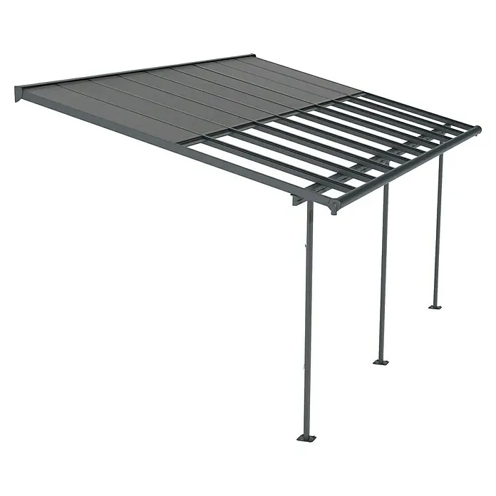 Palram – Canopia Terrassenüberdachung Sierra Cabrio - B x T: 560 x 300 cm, Anthrazitgrau, Polycarbonat, Grau - Darstellung eines modernen Outdoor-Pavillons mit grauem Dach und stabilen Stützpfosten.