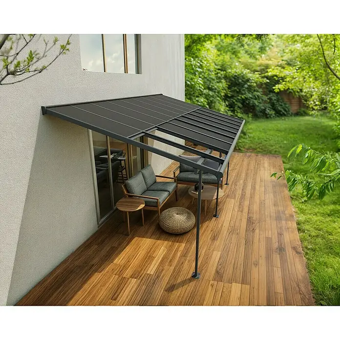 Palram – Canopia Terrassenüberdachung Sierra Cabrio - B x T: 560 x 300 cm, Anthrazitgrau, Polycarbonat, Grau - Moderne Terrassenüberdachung mit grauem Rahmen und dunklem Dach, die einen stilvollen und funktionalen Außenbereich schafft.