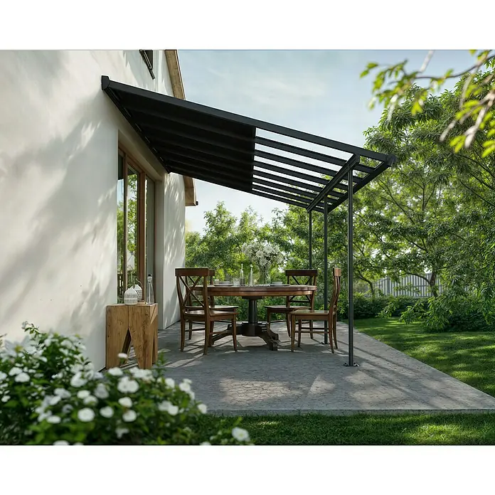 Palram – Canopia Terrassenüberdachung Sierra Cabrio - B x T: 430 x 300 cm, Anthrazitgrau, Polycarbonat, Grau - Moderne Terrassenüberdachung aus schwarzem Metall mit Esstisch und Stühlen darunter, ideal für Mahlzeiten im Freien.