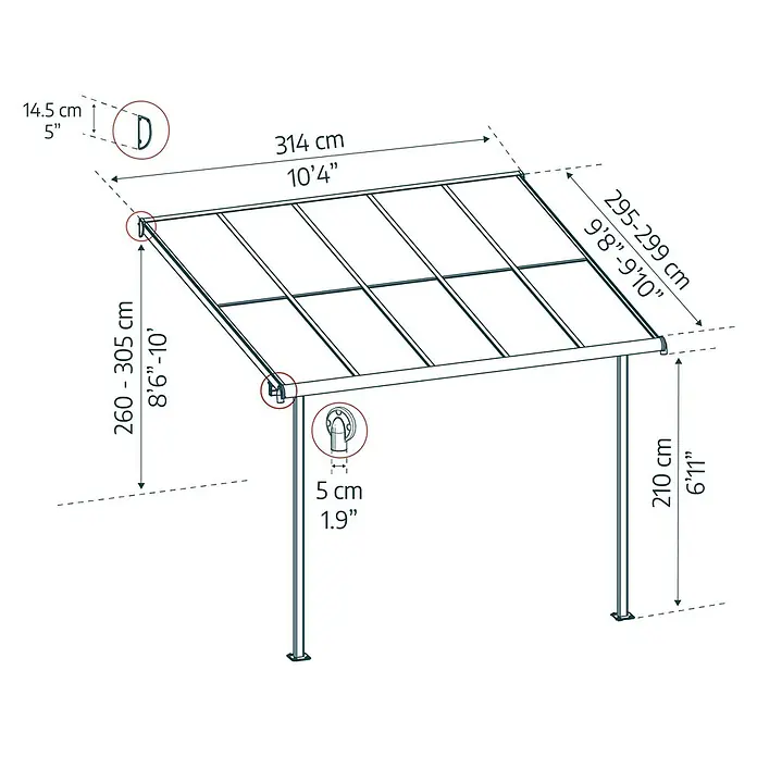 Palram – Canopia Terrassenüberdachung Sierra Cabrio - B x T: 300 x 300 cm, Anthrazitgrau, Polycarbonat, Grau - Technische Zeichnung eines Pavillons mit Maßangaben zu Höhe, Breite und Tiefe.