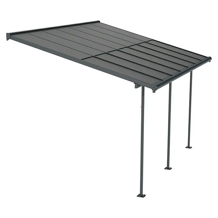 Palram – Canopia Terrassenüberdachung Sierra Cabrio - B x T: 430 x 300 cm, Anthrazitgrau, Polycarbonat, Grau - Abbildung eines modernen Carports mit grauem Dach und stabilen Stützen, ideal als Schutz für Ihr Fahrzeug vor Witterungseinflüssen.