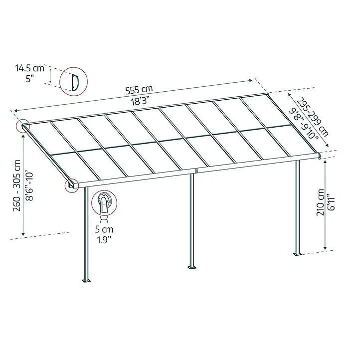 Palram – Canopia Terrassenüberdachung Sierra Cabrio - B x T: 560 x 300 cm, Anthrazitgrau, Polycarbonat, Grau - Eine detaillierte Schemazeichnung eines Carports mit Maßangaben zu Höhe, Breite und Tiefe in Zentimetern und Zoll.