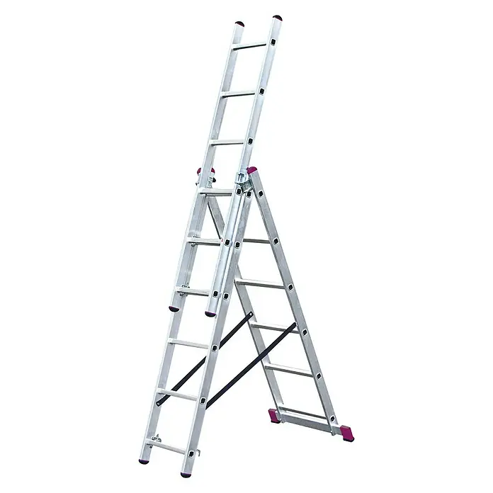 Krause Corda Mehrzweckleiter - Anzahl Tritte: 18 Stk., Arbeitshöhe: 4,55 m, Belastbarkeit: 150 kg, Aluminium, Treppengängig - Bild einer ausziehbaren Mehrzweckleiter aus Aluminium mit roten Gummiabschlüssen. Die Leiter ist sowohl Anlege- als auch Stehleiter.