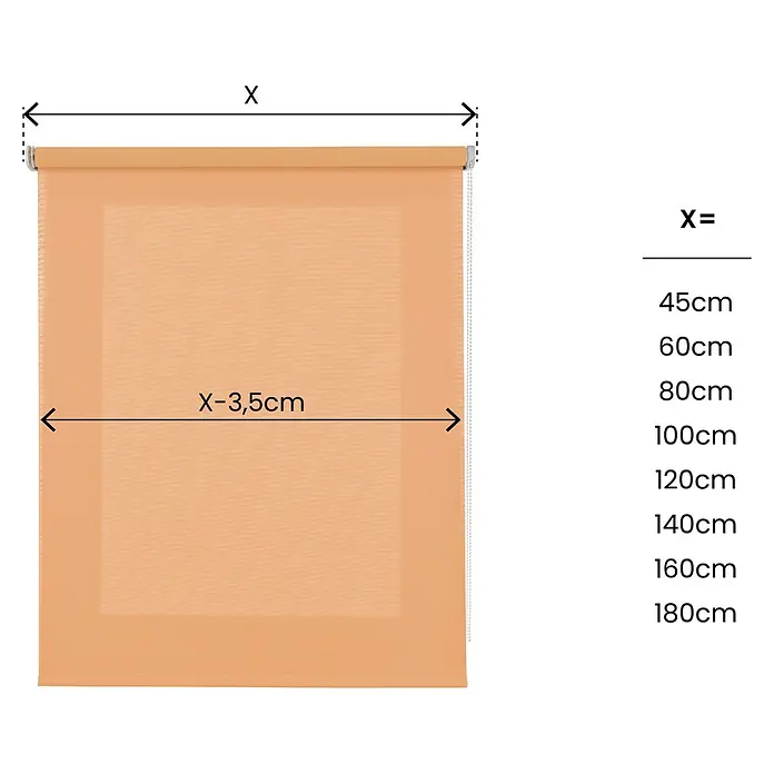 Estor enrollable Soft - An x Al: 120 x 250 cm, Melocotón - Imagen de un estor enrollable naranja con indicaciones de dimensiones y anchos disponibles.