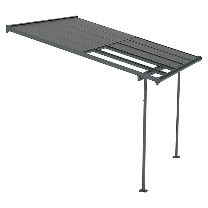 Palram – Canopia Terrassenüberdachung Sierra Cabrio - B x T: 300 x 300 cm, Anthrazitgrau, Polycarbonat, Grau - Eine graue Terrassenüberdachung mit Lamellen, die Schatten spendet und vor leichtem Regen schützt, ideal für den Außenbereich.