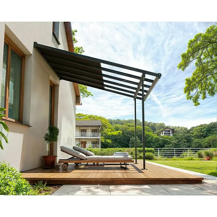 Palram – Canopia Terrassenüberdachung Sierra Cabrio - B x T: 300 x 300 cm, Anthrazitgrau, Polycarbonat, Grau - Moderne Terrassenüberdachung aus dunklem Metall, die Schatten spendet und einen stilvollen Außenbereich schafft, mit Liege für entspannte Stunden.