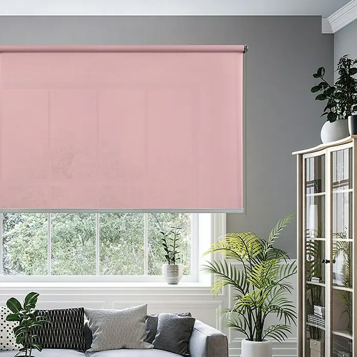 Estor enrollable Calm - An x Al: 160 x 250 cm, Malva, Unicolor - Estor enrollable rosa en la ventana de la sala de estar. Este estor proporciona privacidad y control de la luz al tiempo que agrega un toque de color a la habitación.