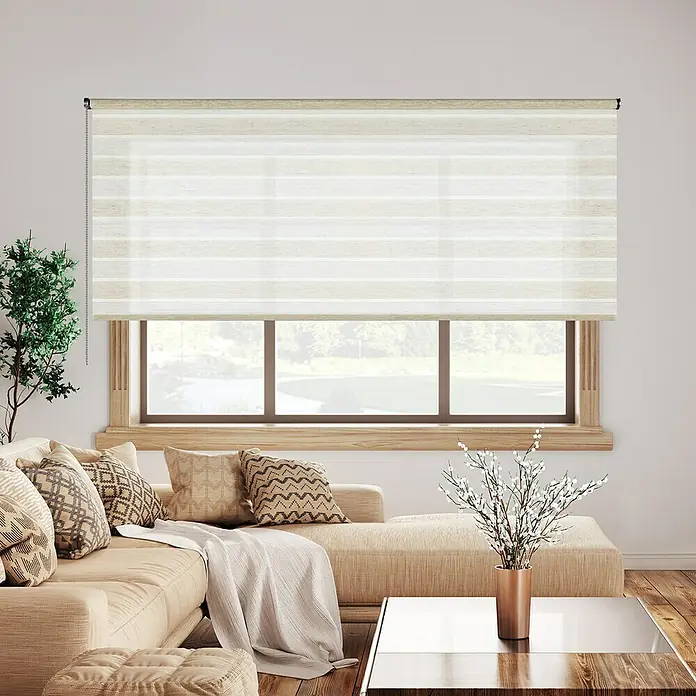 Estor enrollable Rustic Cintas - An x Al: 100 x 180 cm, Beige/Blanco, Formas y patrones - Elegantes persianas horizontales beige y blancas, que ofrecen privacidad y control de luz en cualquier habitación.