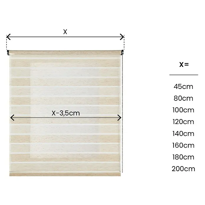Estor enrollable Rustic Cintas - An x Al: 100 x 180 cm, Beige/Blanco, Formas y patrones - Ilustración de un estor enrollable dúo con indicaciones de tamaño, incluyendo medidas de ancho para la selección del producto.
