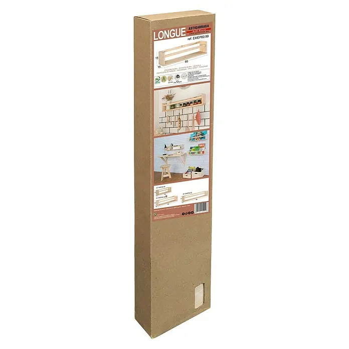 Astigarraga Especiero - L x An x Al: 15 x 60 x 15 cm, Madera de pino, Natural - Una caja alta y estrecha con imágenes de una estantería Longue Astigarraga, mostrando usos versátiles en cocinas y habitaciones infantiles.