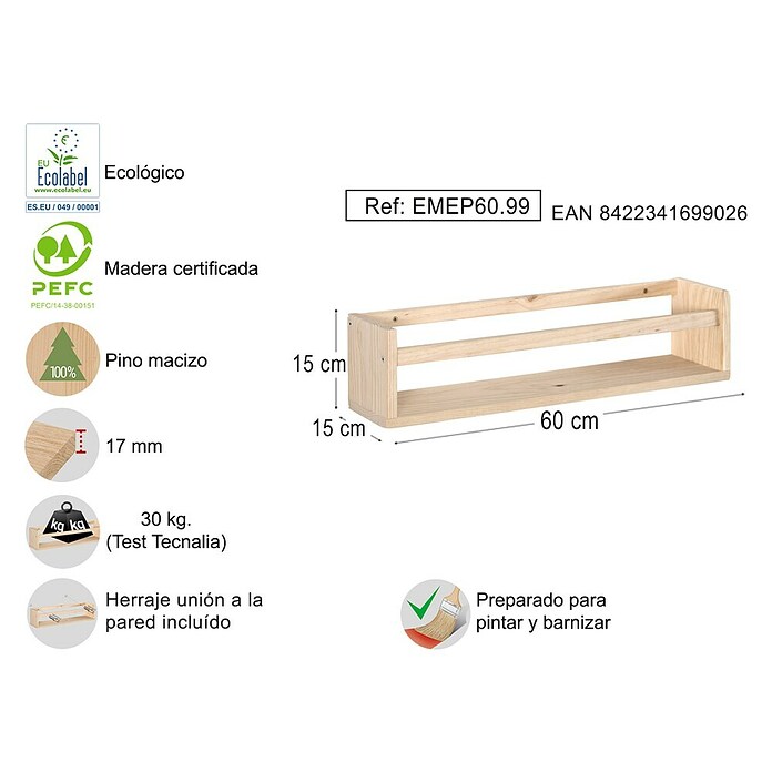 Astigarraga Especiero (L x An x Al: 15 x 60 x 15 cm, Madera de pino, Natural) | BAUHAUS